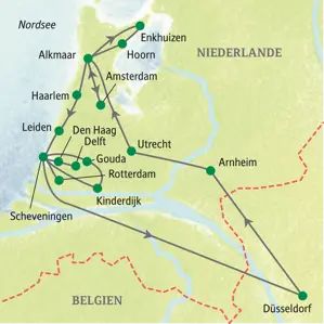 Karte der Studienreise durch die Niederlande mit der Route von Düsseldorf über Arnheim, Amsterdam, Den Haag und Rotterdam.