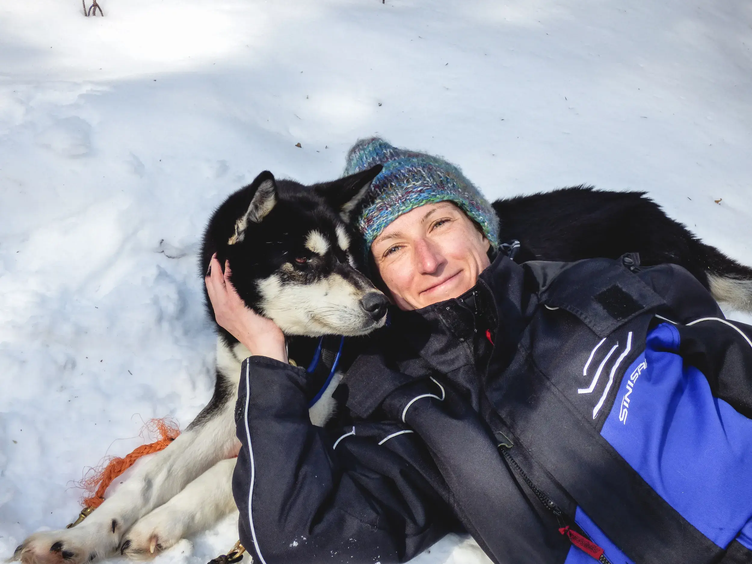 Eine glückliche Reiseteilnehmerin kuschelt nach einer Husky-Safari in der Winterlandschaft Finnisch-Lapplands mit ihrem Schlittenhund.