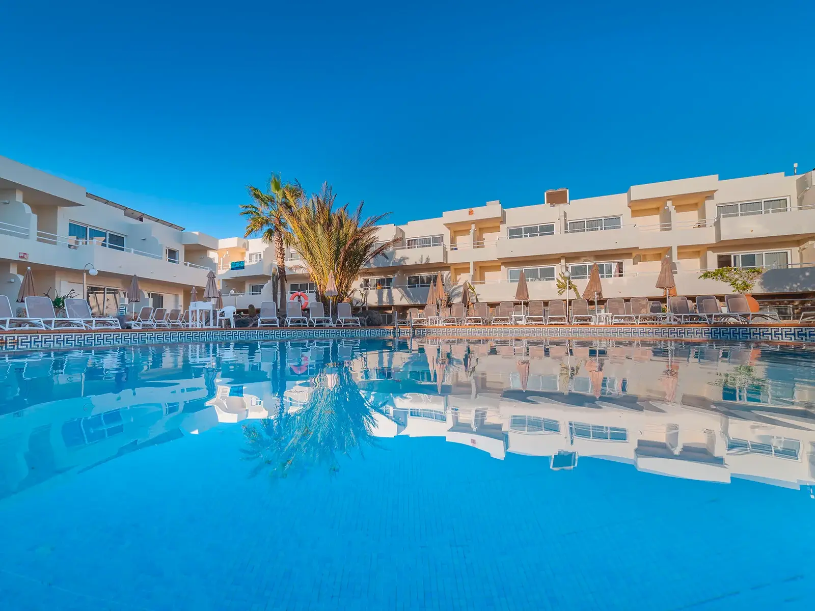 Ein ruhiger Hotelpool, in dem sich die weiße Fassade des Gebäudes und eine Palme unter blauem Himmel auf Fuerteventura spiegeln.