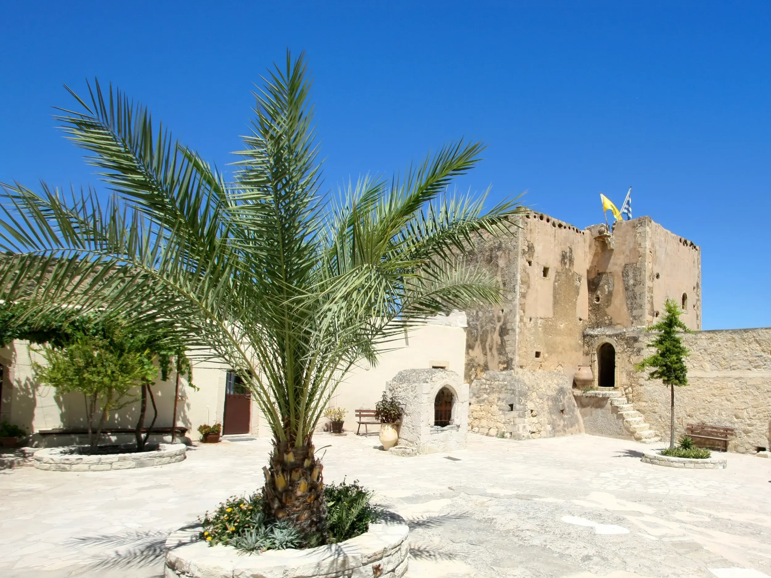 Palme im sonnigen Innenhof des Klosters Odigitrias mit historischem Wehrturm auf Kreta