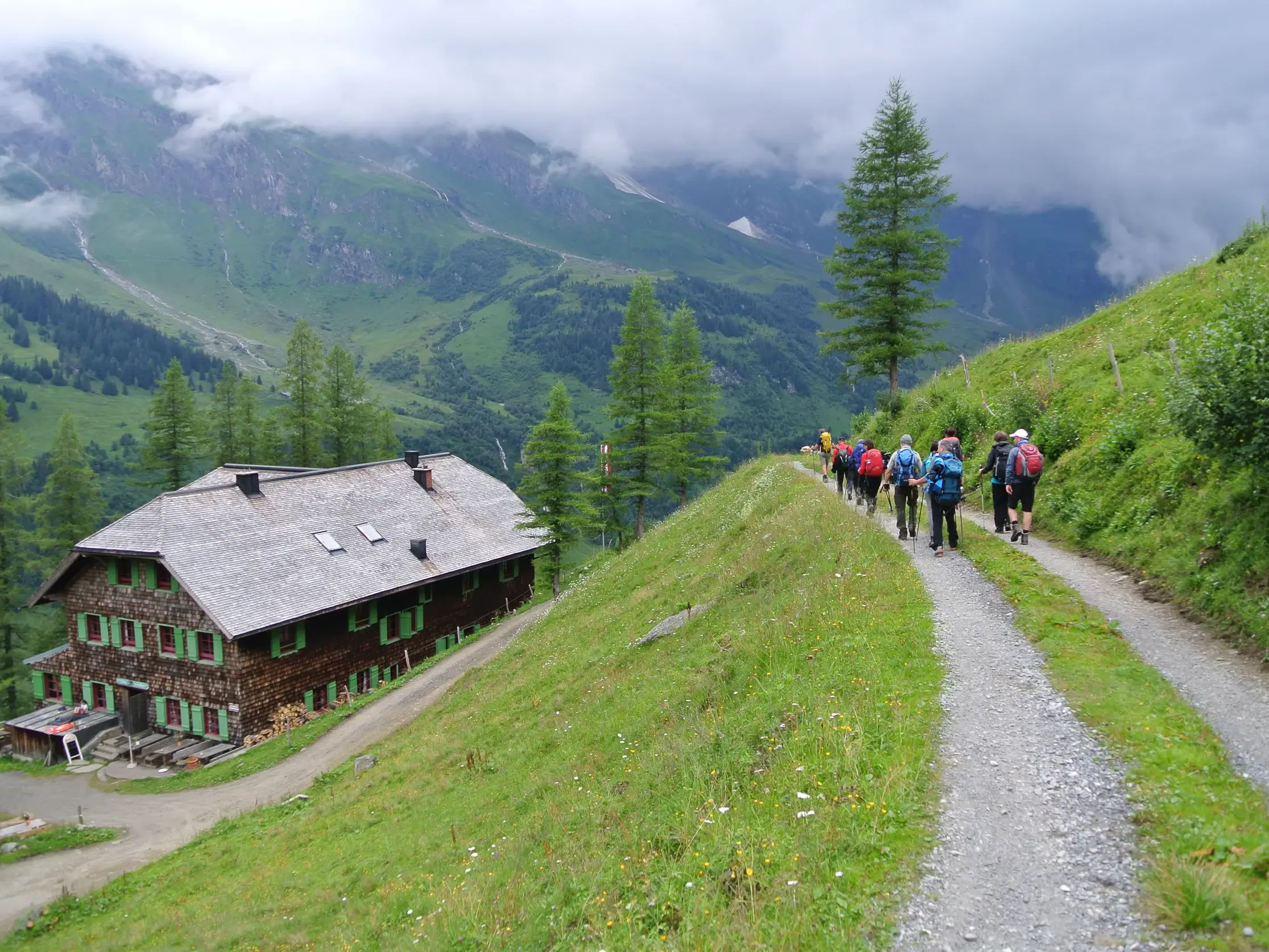 Wandergruppe auf einem Schotterweg zur Trauneralm im Käfertal, umgeben von grünen Berghängen im Nationalpark Hohe Tauern.