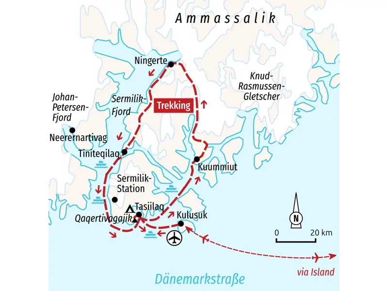 Karte der Trekkingreise in Ostgrönland: Die Route führt von Kulusuk via Tasiilaq und Kuummiut nach Ningerte und Tiniteqilaaq.