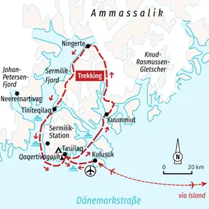 Karte der Trekkingreise in Ostgrönland: Die Route führt von Kulusuk via Tasiilaq und Kuummiut nach Ningerte und Tiniteqilaaq.
