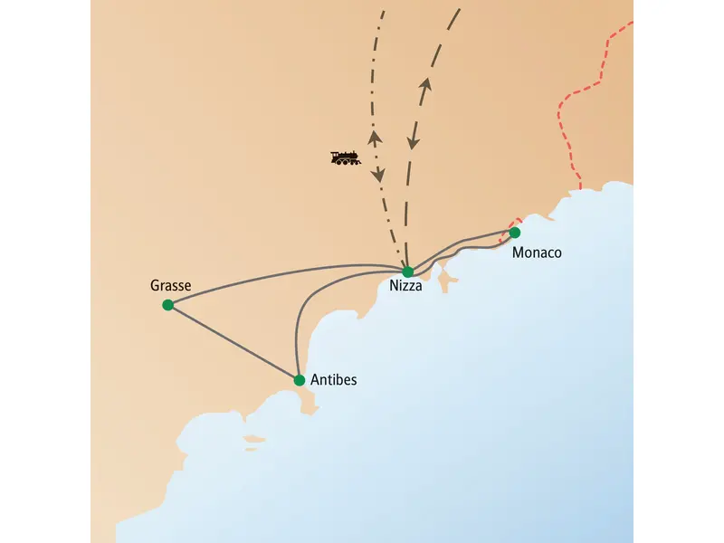 Routenverlauf unserer Singlereise über Silvester an die Côte d'Azur mit Basis in Nizza und Ausflügen nach Grasse, Antibes und Monaco.