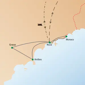 Routenverlauf unserer Singlereise über Silvester an die Côte d'Azur mit Basis in Nizza und Ausflügen nach Grasse, Antibes und Monaco.