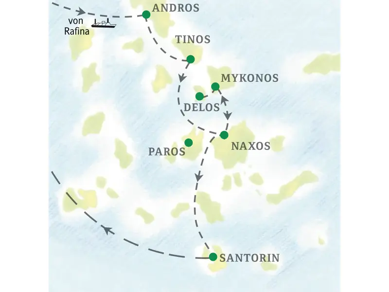 Karte unserer Studiosus Studienreise auf den Kykladen. Die Reiseroute führt von Rafina über Andros, Tinos, Mykonos, Delos und Naxos nach Santorin.
