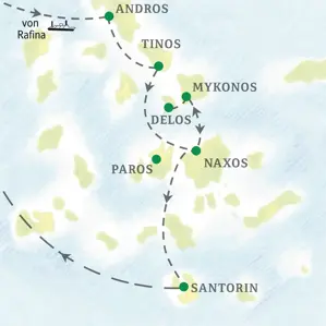 Karte unserer Studiosus Studienreise auf den Kykladen. Die Reiseroute führt von Rafina über Andros, Tinos, Mykonos, Delos und Naxos nach Santorin.