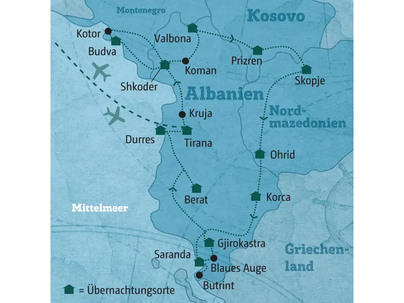 Karte der Balkan-Rundreise durch Albanien, Montenegro, Kosovo und Nordmazedonien mit der Route von Tirana über Kotor und Ohrid.