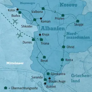 Karte der Balkan-Rundreise durch Albanien, Montenegro, Kosovo und Nordmazedonien mit der Route von Tirana über Kotor und Ohrid.