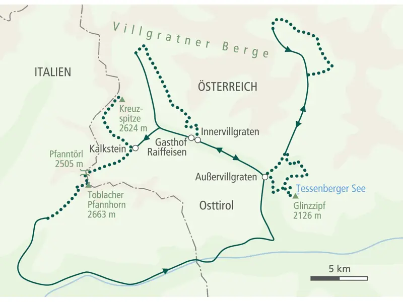 Übersichtskarte der Wanderreise im Villgratental, Osttirol, mit Routen von Innervillgraten zur Kreuzspitze und Toblacher Pfannhorn.