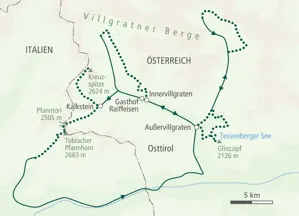 Übersichtskarte der Wanderreise im Villgratental, Osttirol, mit Routen von Innervillgraten zur Kreuzspitze und Toblacher Pfannhorn.