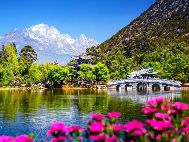 Idyllischer Schwarzer Drachen See in Lijiang mit einer Bogenbrücke und Pagode vor der Kulisse des Jade-Drachen-Schneebergs.