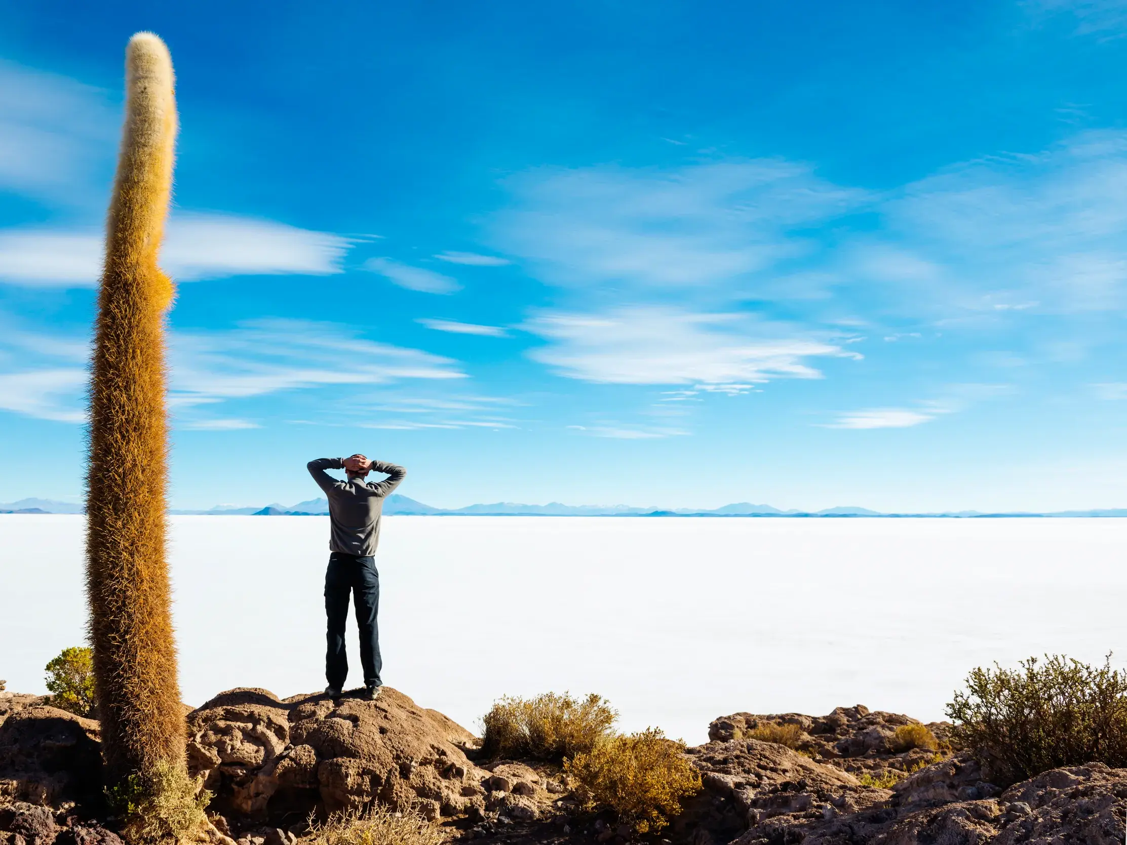Reisender auf der Isla Incahuasi blickt über den Salar de Uyuni, die größte Salzwüste der Erde in Bolivien.