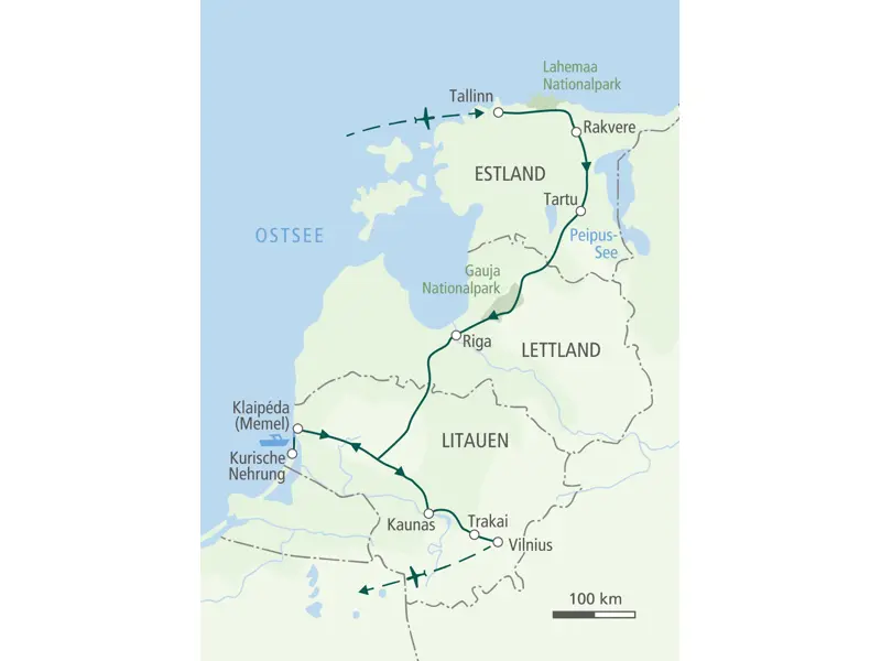 Karte der Hauser Wanderreise im Baltikum, die von Tallinn über Rakvere, Riga, Klaipėda und Kaunas nach Vilnius führt.