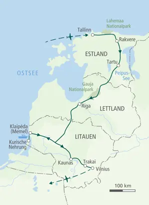 Karte der Hauser Wanderreise im Baltikum, die von Tallinn über Rakvere, Riga, Klaipėda und Kaunas nach Vilnius führt.