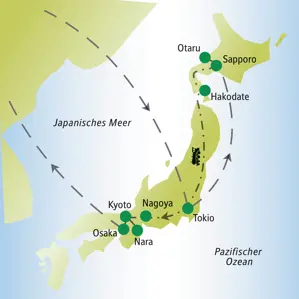 Reiseroute unserer me & more Japanreise zu Silvester von Sapporo auf Hokkaido über Tokio, Nagoya und Kyoto bis nach Osaka.