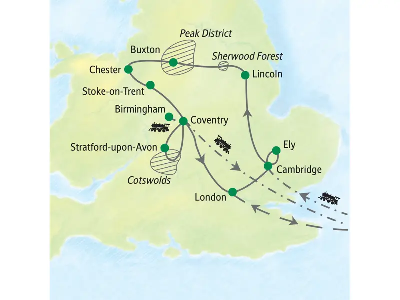 Reiseroute der Studiosus-Studienreise durch Mittelengland ab Cambridge über Lincoln, Chester, Birmingham und Coventry.