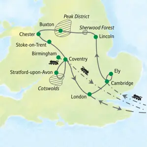 Reiseroute der Studiosus-Studienreise durch Mittelengland ab Cambridge über Lincoln, Chester, Birmingham und Coventry.