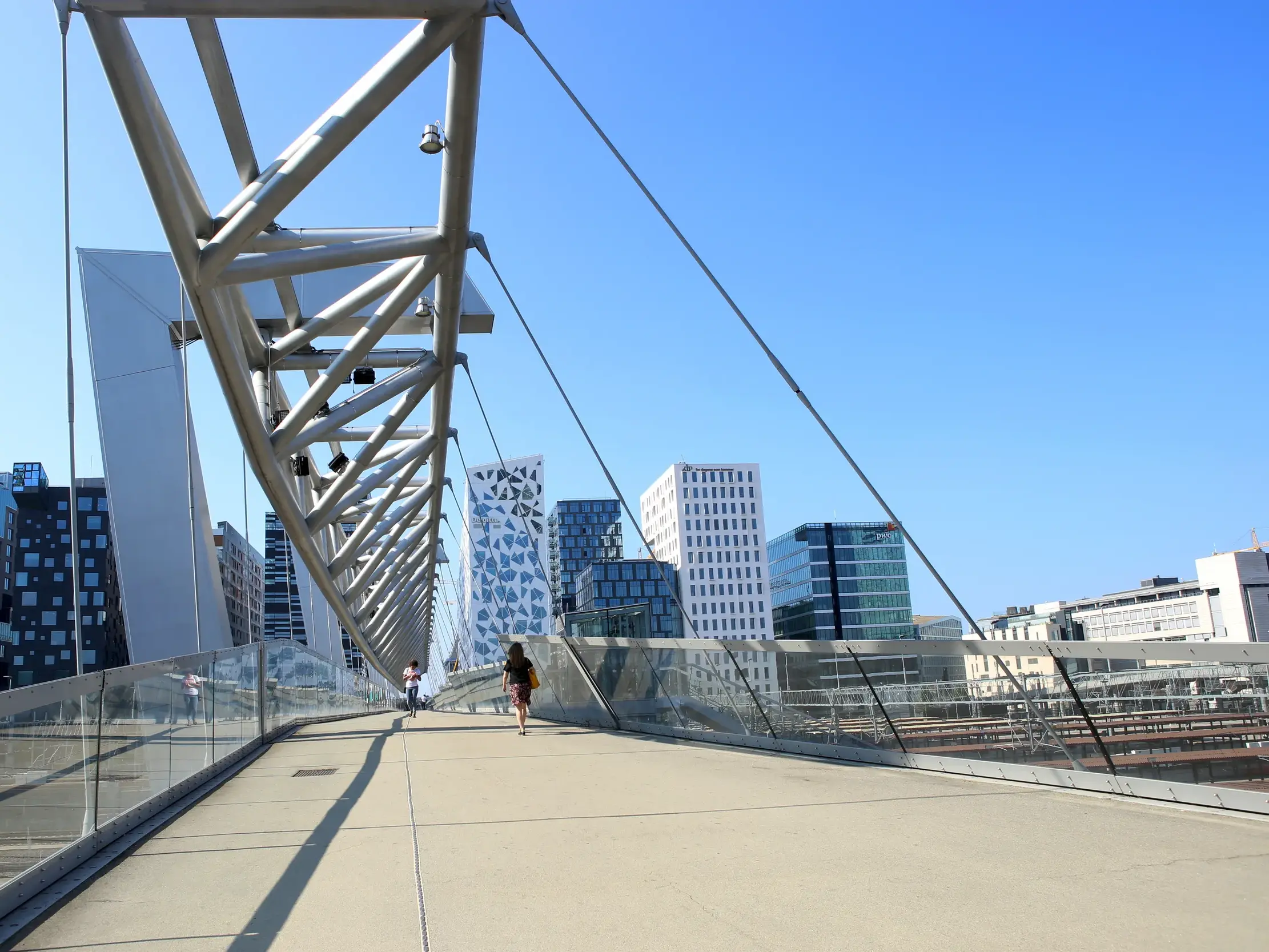 Junge Reisende spazieren an einem sonnigen Tag über die Akrobaten-Brücke in Oslo mit Blick auf das moderne Barcode-Viertel.