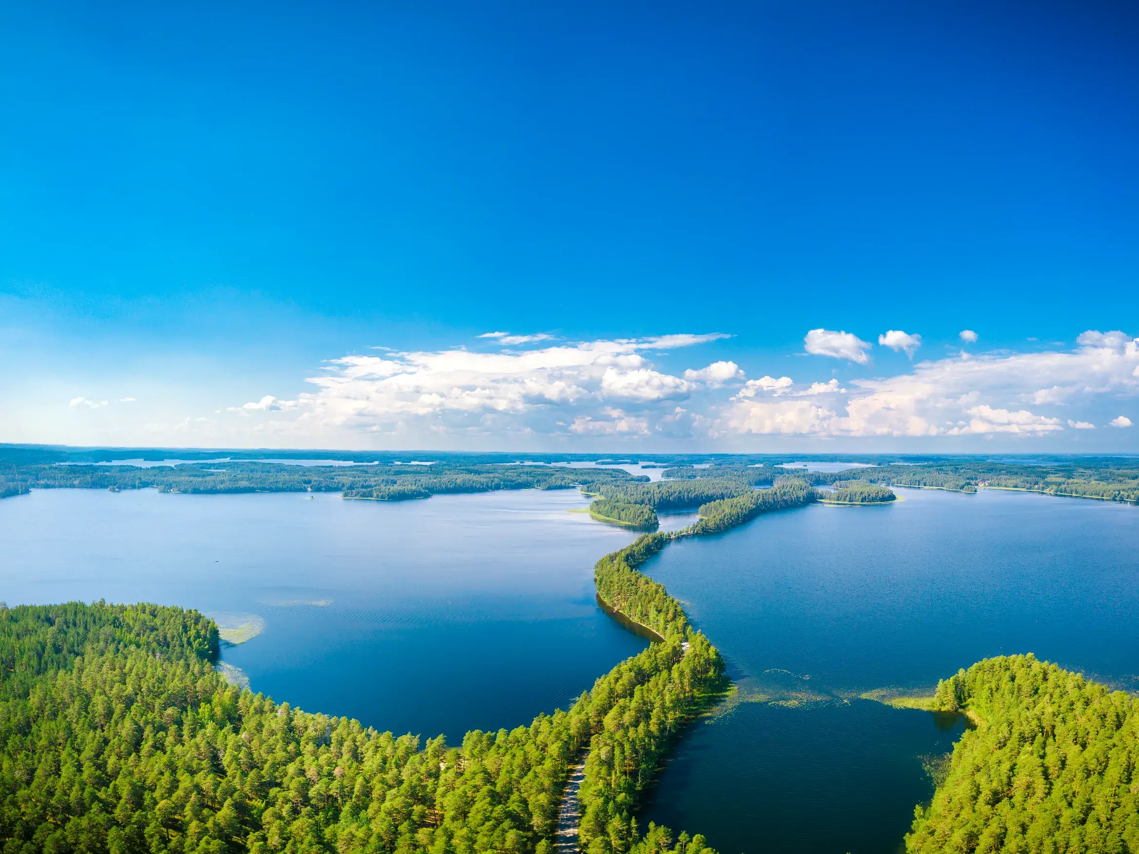 Eine bewaldete Landzunge schlängelt sich bei Sonnenschein durch die Finnische Seenplatte.