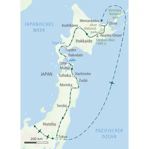 Karte der Wanderreise durch Japan: Die Route führt von Hokkaido über Hakodate und Morioka auf der Insel Honshu bis nach Tokyo.