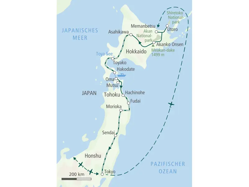 Karte der Wanderreise durch Japan: Die Route führt von Hokkaido über Hakodate und Morioka auf der Insel Honshu bis nach Tokyo.