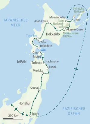 Karte der Wanderreise durch Japan: Die Route führt von Hokkaido über Hakodate und Morioka auf der Insel Honshu bis nach Tokyo.