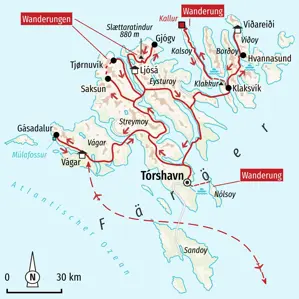 Karte der geführten Rundreise auf den Färöer-Inseln. Route von Vágar über Tórshavn, Klaksvík und die Nordinseln.