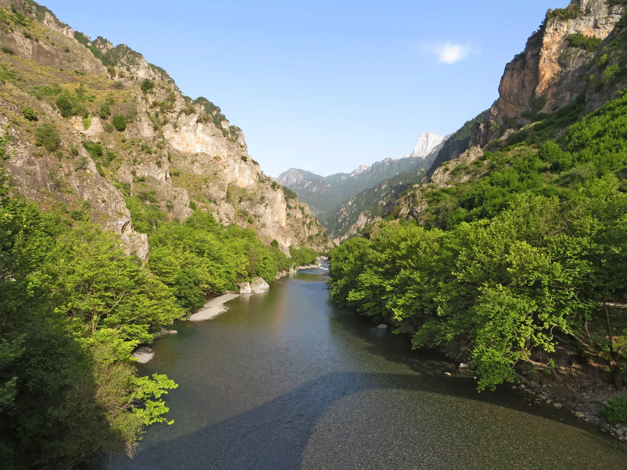 Sonniger Blick von oben auf den klaren Voidomatis-Fluss, der sich durch die tiefe, felsige Vikos-Schlucht mit grünen Wäldern schlängelt.