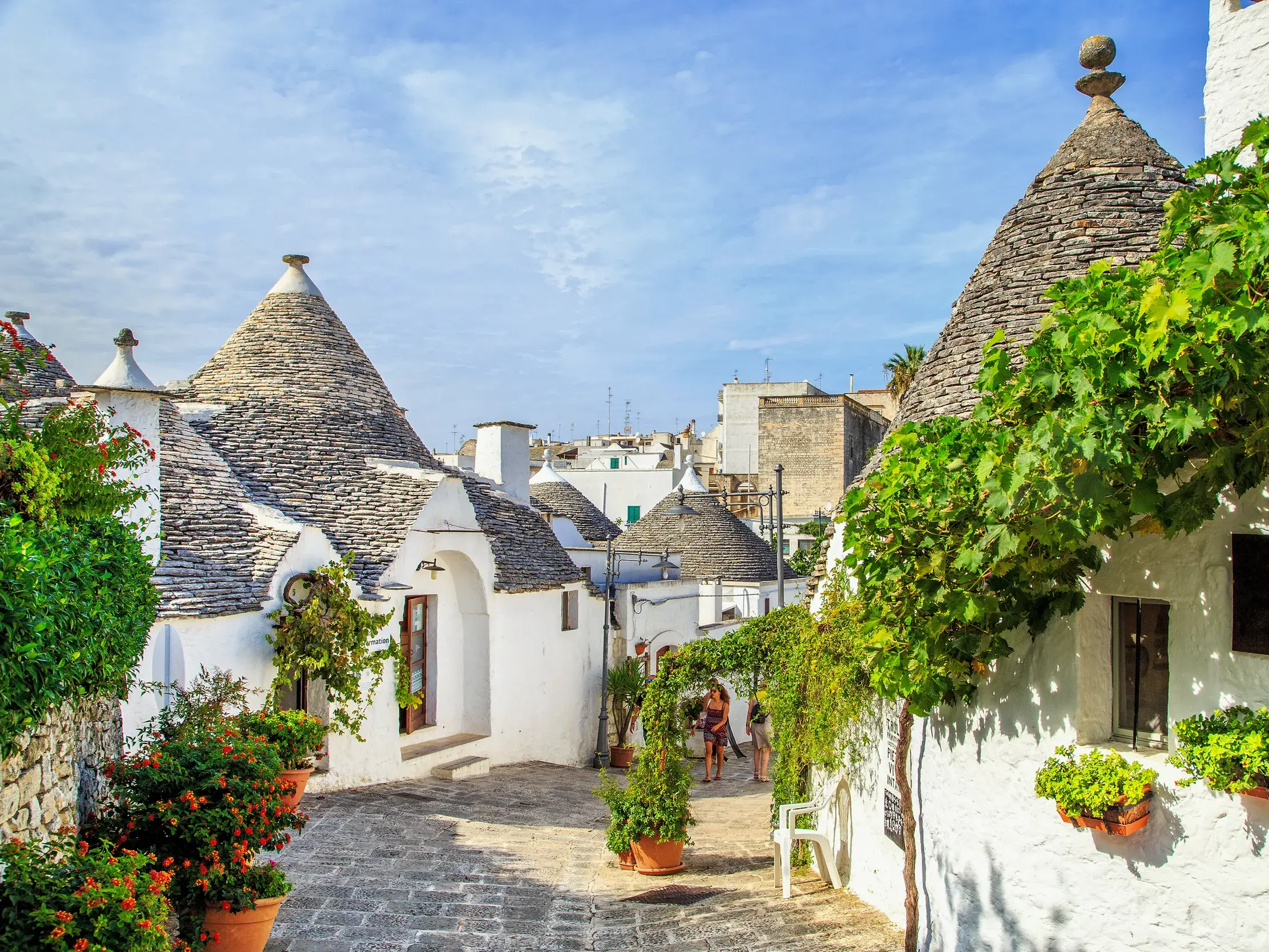 Sonnige Gasse mit traditionellen, weiß gekalkten Trulli in Alberobello, dem UNESCO-Welterbe in Apulien.