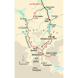Karte der Trekking-Rundtour im Hohen Atlas, Marokko: Route von Aguer Sioual über die Neltnerhütte zum Djebel Toubkal.