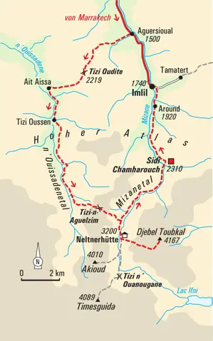 Karte der Trekking-Rundtour im Hohen Atlas, Marokko: Route von Aguer Sioual über die Neltnerhütte zum Djebel Toubkal.