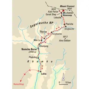 Routenkarte für das Hauser-Trekking in Nepal: von Lukla durch den Sagarmatha NP zum Everest Base Camp und Kala Pattar.