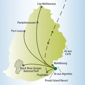 Karte der Singlereise Mauritius. Urlaub für Singles und Alleinreisende mit Route von Mahébourg zu Port Louis & Black River Gorges.