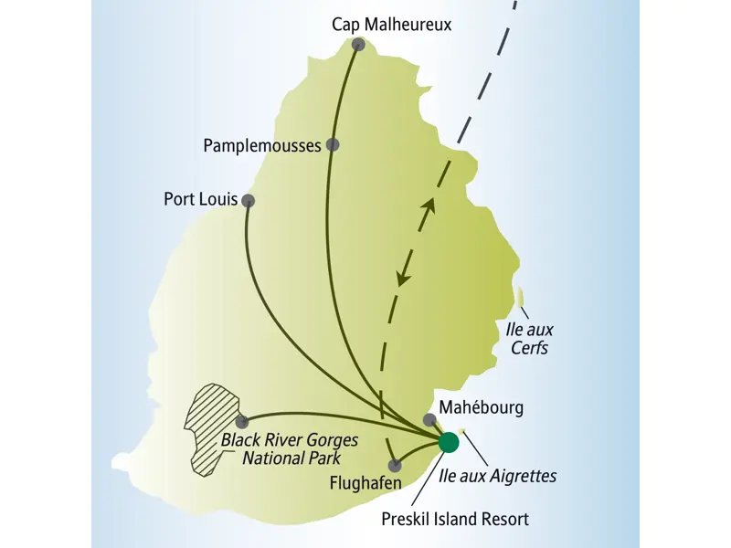 Karte der Singlereise Mauritius. Urlaub für Singles und Alleinreisende mit Route von Mahébourg zu Port Louis & Black River Gorges.