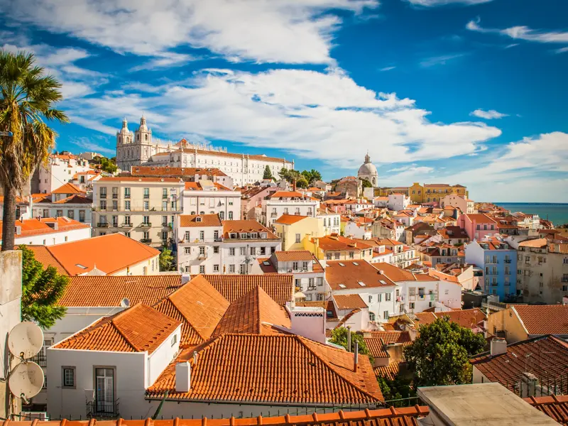 Malerischer Ausblick über die Dächer der Altstadt von Lissabon mit einer Palme und einer Kirche unter blauem Himmel.