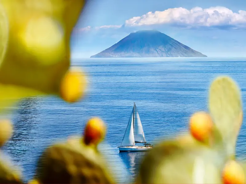 Ein Segelboot auf dem blauen Meer vor der Vulkaninsel Stromboli, eingerahmt von Feigenkakteen auf den Äolischen Inseln.