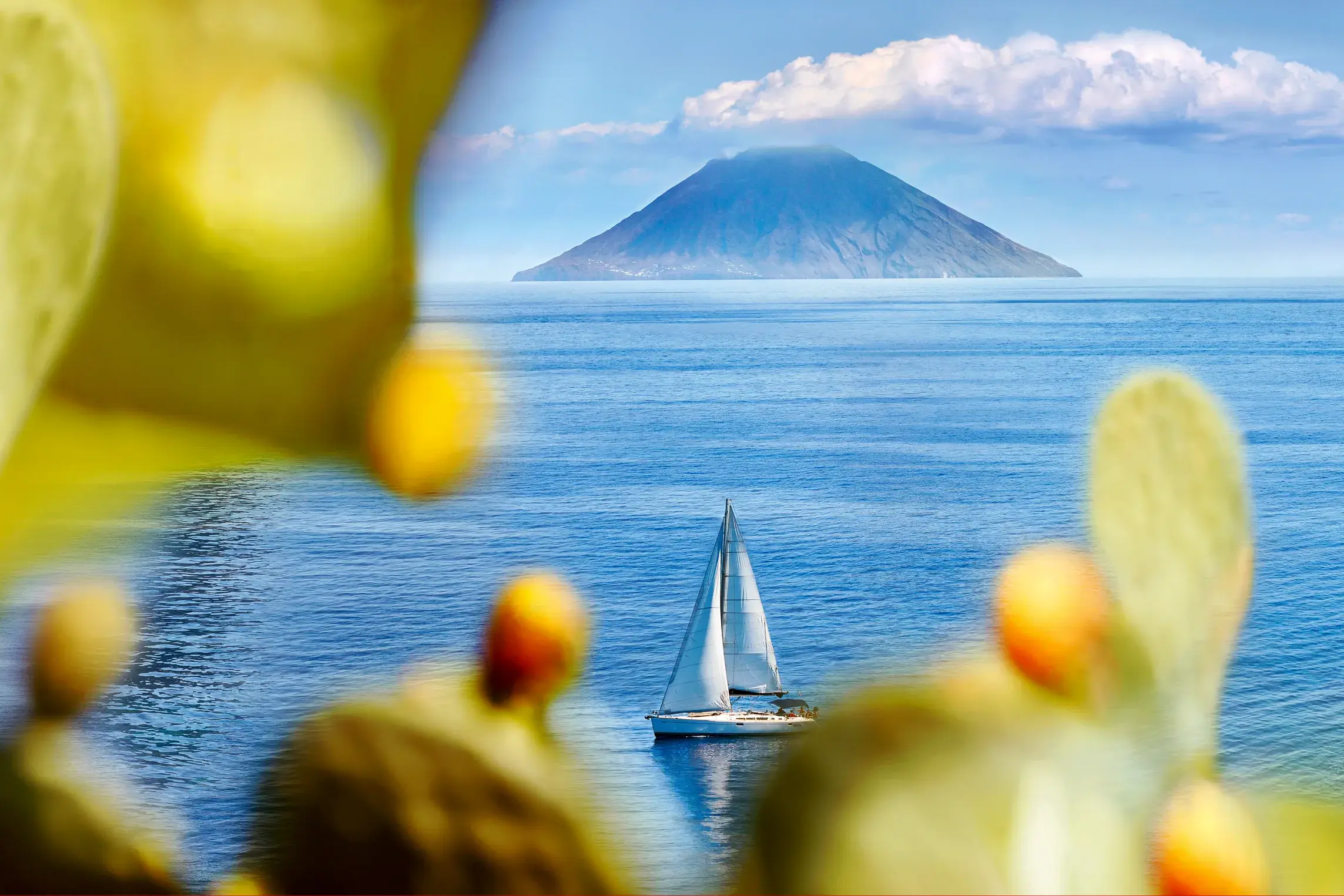 Blick durch Feigenkakteen auf ein weißes Segelboot auf dem Mittelmeer vor der Vulkaninsel Stromboli auf den Äolischen Inseln.