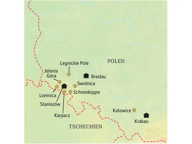 Karte unserer Studiosus Reise in kleiner Gruppe durch Polen. Die Route führt von Breslau über Staniszów, die Schneekoppe und Swidnica nach Krakau.