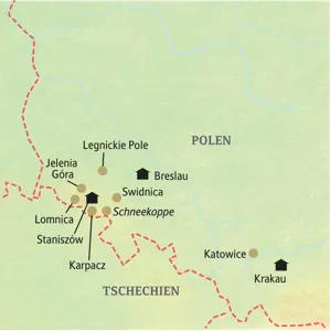 Karte unserer Studiosus Reise in kleiner Gruppe durch Polen. Die Route führt von Breslau über Staniszów, die Schneekoppe und Swidnica nach Krakau.