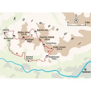 Karte der Hauser Trekkingtour im Karwendel von Seefeld über die Nördlinger Hütte und den Großen Solstein zurück nach Hochzirl.