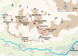 Karte der Hauser Trekkingtour im Karwendel von Seefeld über die Nördlinger Hütte und den Großen Solstein zurück nach Hochzirl.