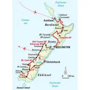 Routenkarte der Trekkingreise durch Neuseeland von Auckland über Tongariro NP, Mt. Cook NP und Wanaka nach Christchurch.