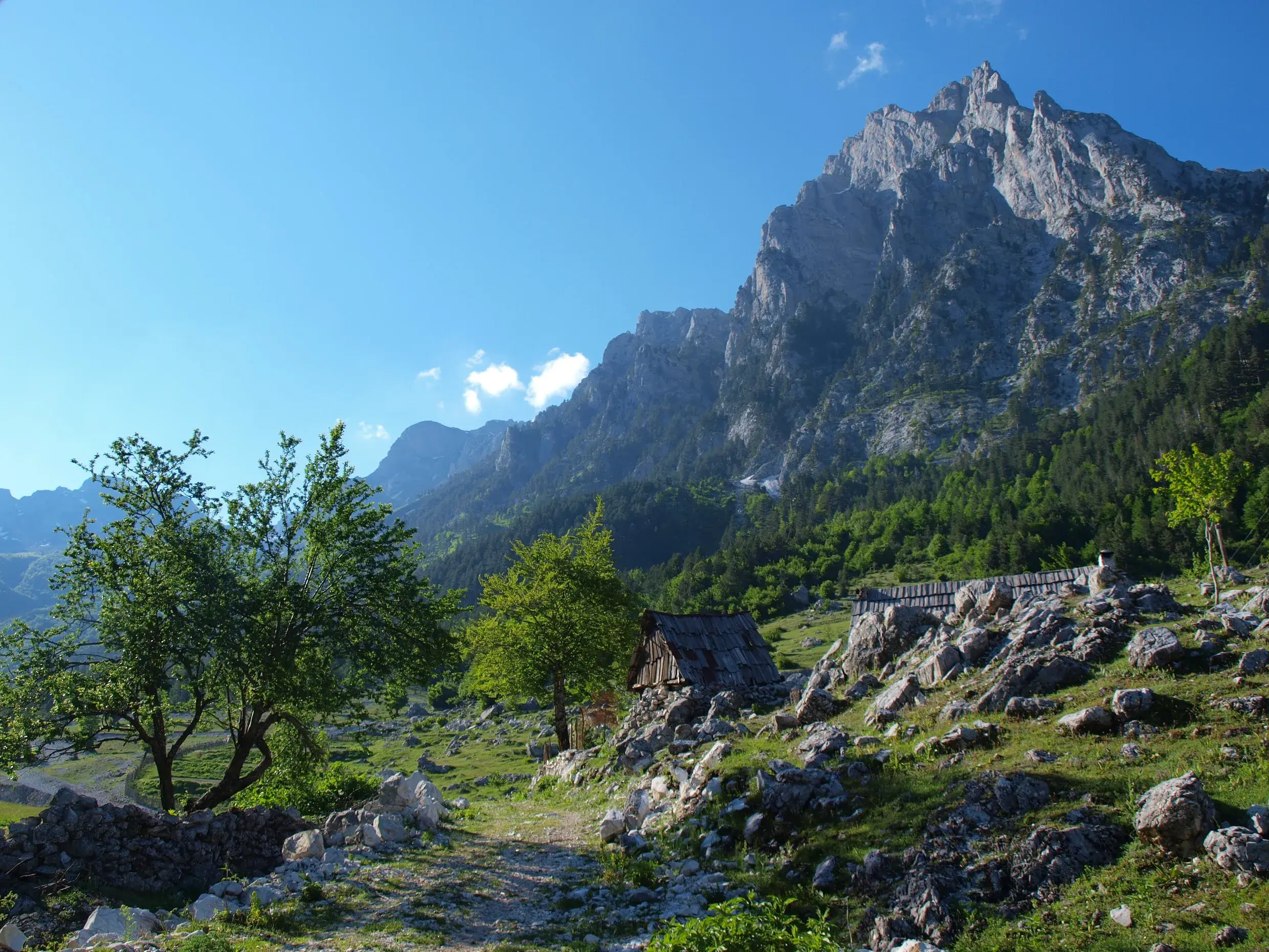 Sonnige Wanderung im Valbona-Nationalpark zu einer Almhütte auf einer Almwiese vor schroffem Bergpanorama Albaniens.
