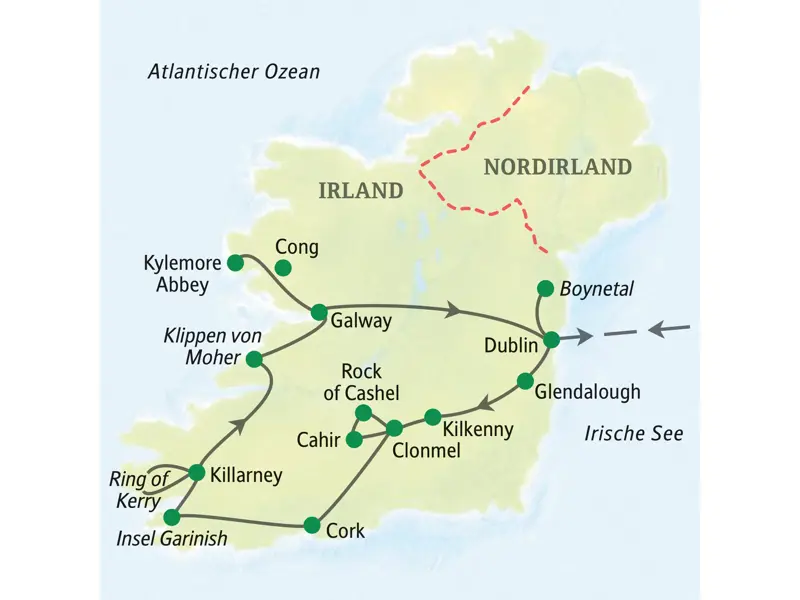 Karte der Studiosus Rundreise in Irland, die in Dublin startet und über Kilkenny, Cork, Killarney, die Klippen von Moher und Galway führt.