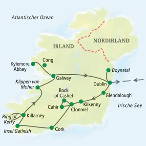 Karte der Studiosus Rundreise in Irland, die in Dublin startet und über Kilkenny, Cork, Killarney, die Klippen von Moher und Galway führt.