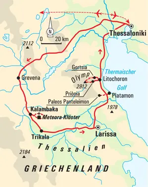 Karte der Trekkingreise in Griechenland, die in Thessaloniki startet und zum Olymp-Massiv sowie den Meteora-Klöstern führt.
