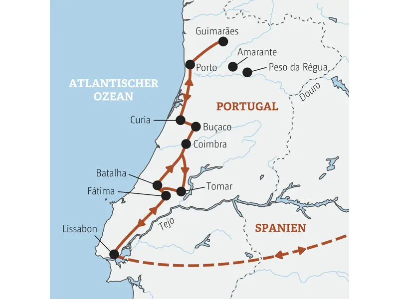 Karte der Marco Polo Rundreise in Portugal mit der Route von Lissabon über Coimbra, Porto, Guimarães und Fátima.