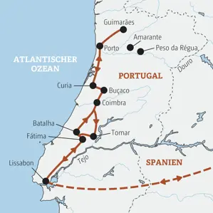 Karte der Marco Polo Rundreise in Portugal mit der Route von Lissabon über Coimbra, Porto, Guimarães und Fátima.