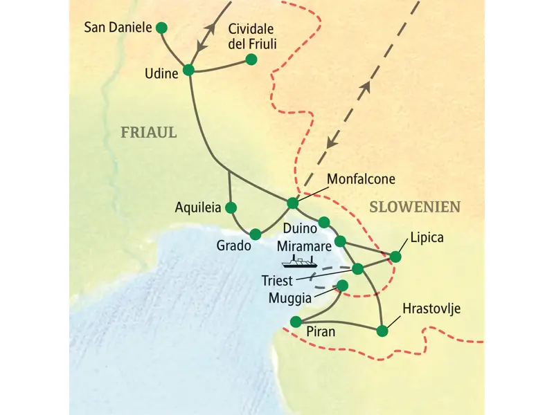 Karte der Studiosus-Studienreise im Friaul und in Slowenien mit der Route von Udine über Triest, Aquileia und Piran.